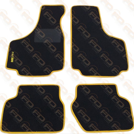 KIT TAPPETI BORDO GIALLO SCRITTA"FIAT 500"GIALLA