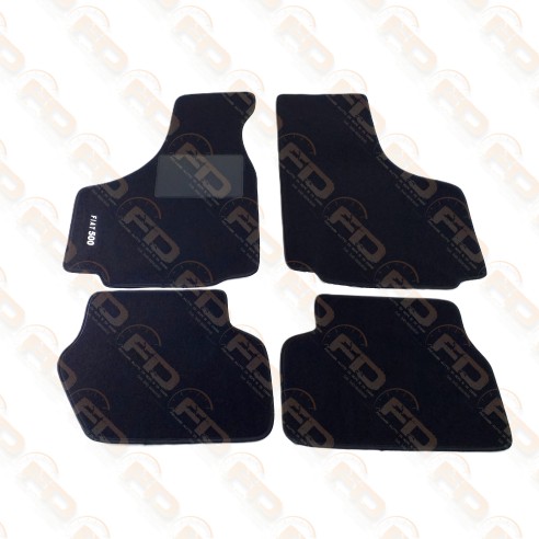 KIT TAPPETI BORDO NERO SCRITTA"FIAT 500"BIANCA